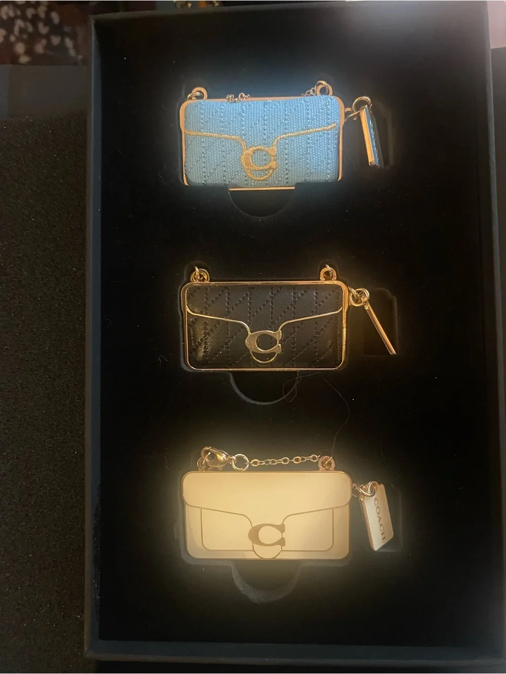 Coach Tabby Three-Piece Mini Bag Magnet Charm Set in Blue, Black and Cream